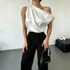 Dames Blouse Schuine Schouder Asymmetrisch Off-Shoulder Strik Blouse Casual Kantoorstijl Losse Pasvorm Satijnen Tops Dagelijkse Kleding