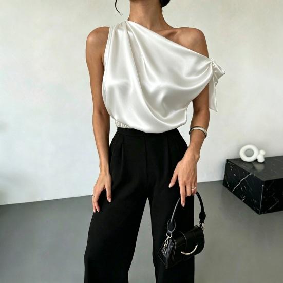 Dames Blouse Schuine Schouder Asymmetrisch Off-Shoulder Strik Blouse Casual Kantoorstijl Losse Pasvorm Satijnen Tops Dagelijkse Kleding