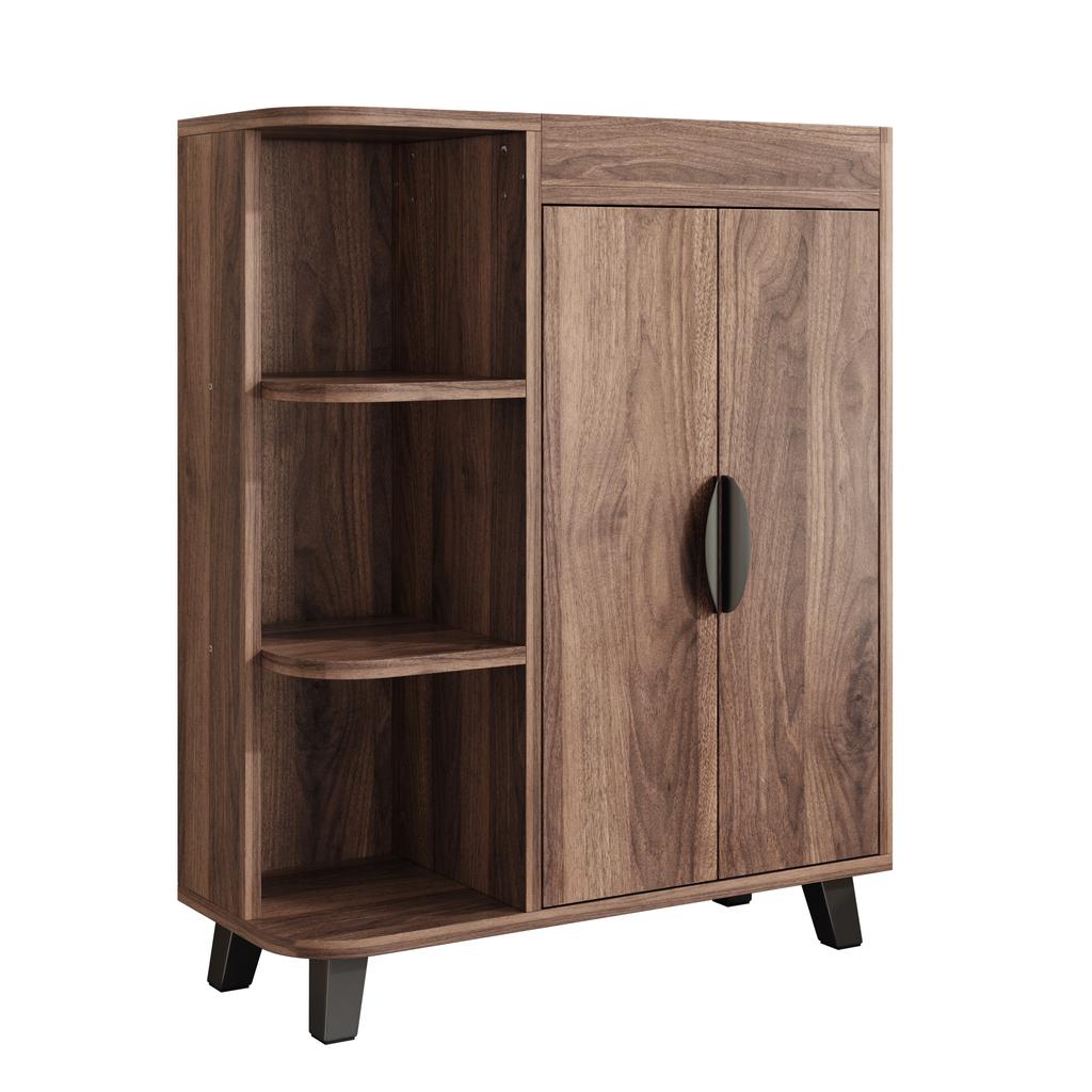 Narrow Shoe Cabinet, Double-Door, Shoe Rack with Open Compartments, Wood Look, Multi-Purpose Cabinet for Hallway, for Small Spaces, with Top Shelf