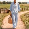 Women's Solid Color Half Placket Stand Collar Half Sleeve Shirt Wide Leg Pant Linen Two Piece Pant Suit