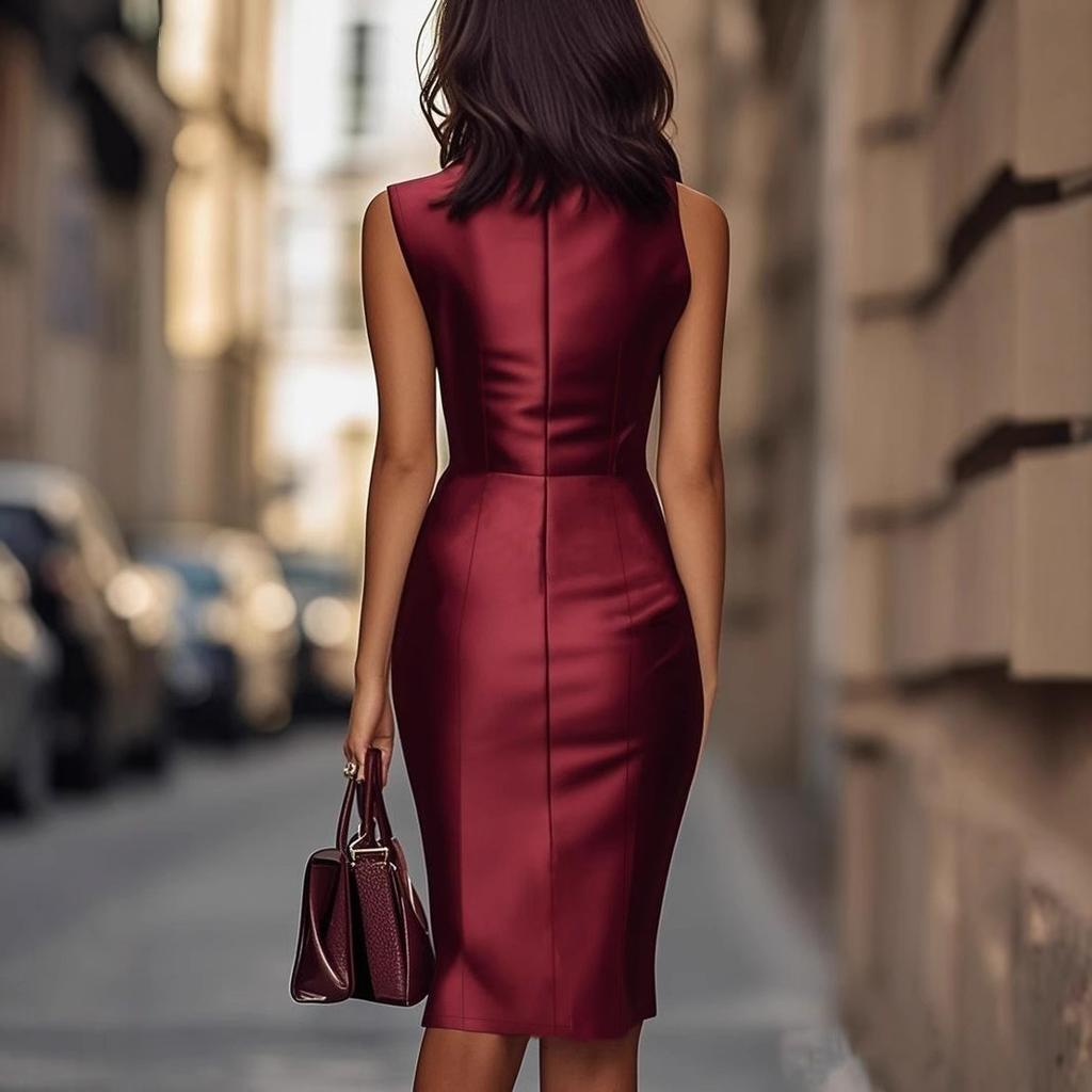 Rochie creion satinată elegantă, fără mâneci, cu decolteu barcă, Rochie midi bodycon slim cu talie înaltă, Ținută formală elegantă pentru birou, petrecere de afaceri, navetă zilnică
