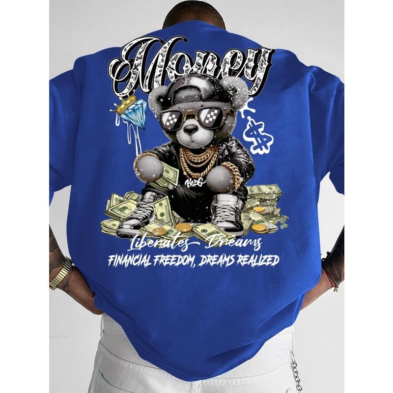 Fashionable men's summer teddy bear wealth letter print comfortable and breathable round neck T-shirt outdoor street top