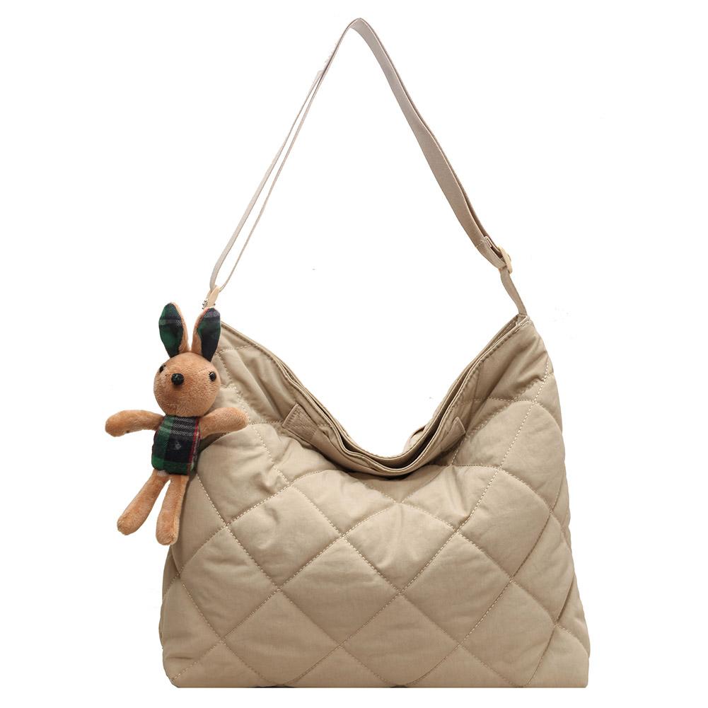 Women Quilted Tote Bag with Pendant Puffy Crossbody Bag Large Capacity Satchel Sling Bag Padded Shoulder Bag Daily Dating Bag