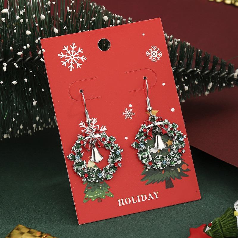 Christmas wreath stud earrings green diamond earrings rhinestone bells ear hooks bow earrings