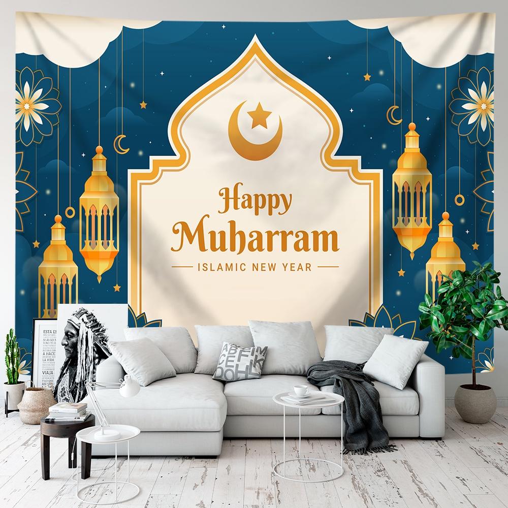 VIKAMA Green Gold Mosque Tapestry Ramadan Kareem Ramadan Wall Hanging Islamic Bedroom Decor Washable Art for Living Room