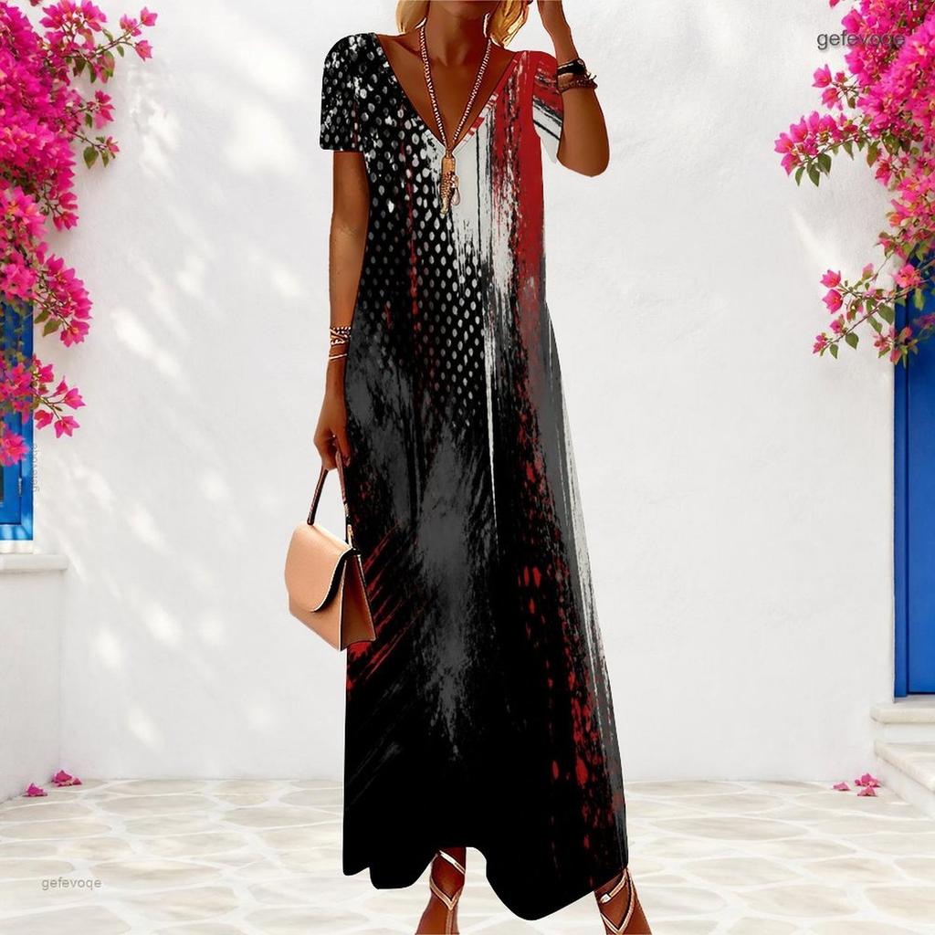 Women Plus Size V Neck Short Sleeve Gradient Printed Maxi Dress