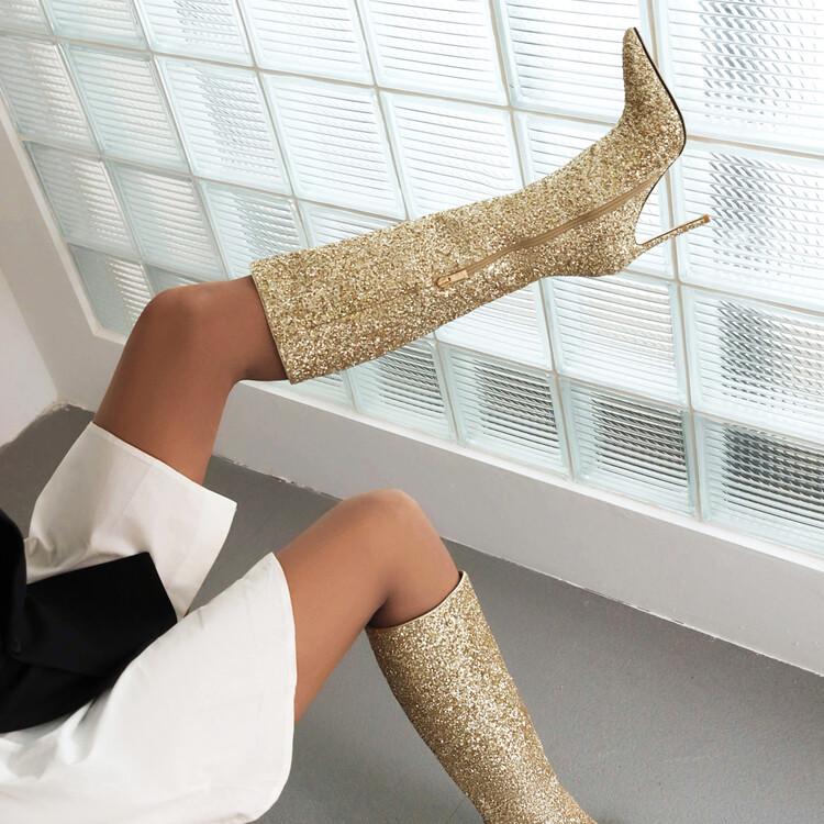 Sexy Stiletto Heels Silver Red Glitter Boots Women Thin High Heeled Bling Bling Gold Sequined Knee-high Long Boot Party