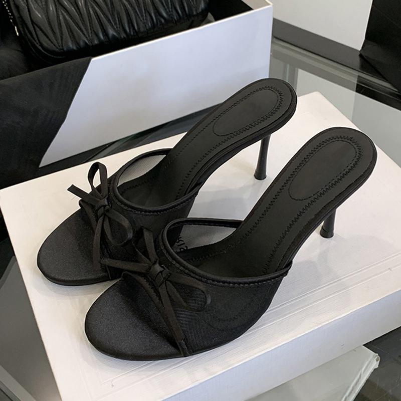 Brand Designer High Heels Slippers for Women Fashion Lace Bow Mesh Summer Sandal Female Party Dress Shoes Zapatos De Mujer