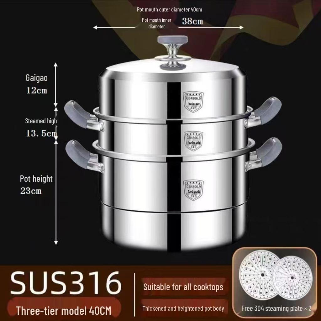 316 Stainless Steel Steamer Pot with Silicone Handle - Large Capacity Multi-layer Stew Basket