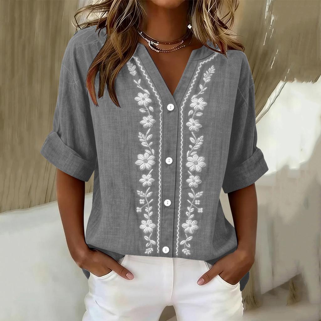Women's Long Sleeve Button Down Blouse - Color Round Neck with Embroidery, Casual and Daily Wear Top for Women