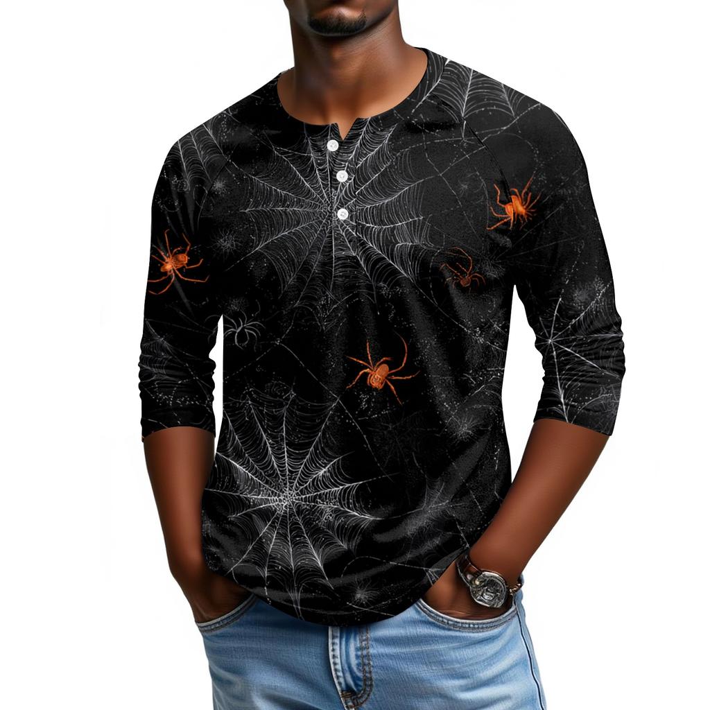 Men Casual Halloween Print Henley Shirt Raglan Sleeve Three Quarter Length Button Front Top