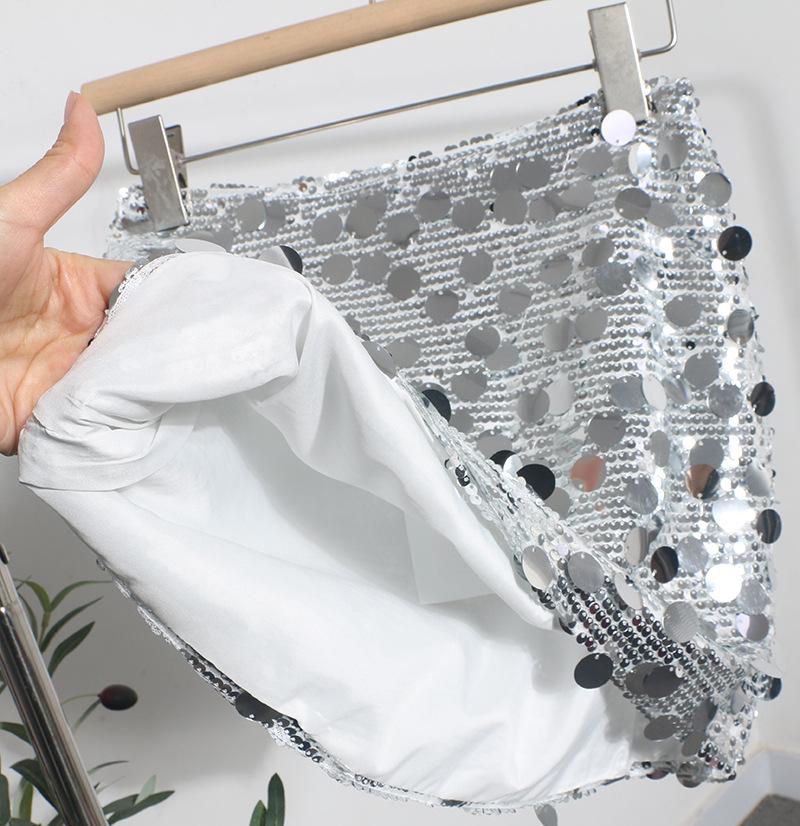 Minigonna A-line scintillante con strass, vita alta, stile industria pesante europea e americana - Stile Nightclub