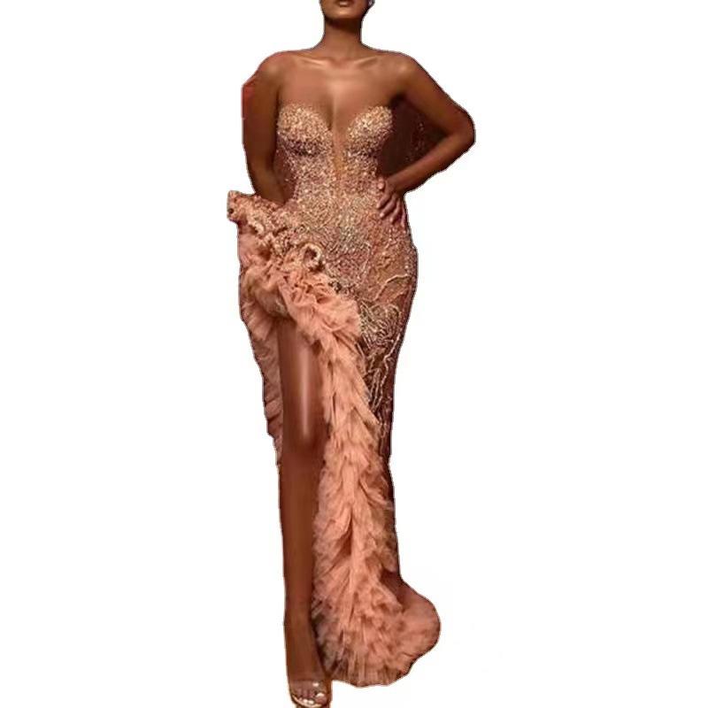 Vestido primavera nuevo ropa europea y americana para mujer vestido top de tubo sexy con flecos y lentejuelas