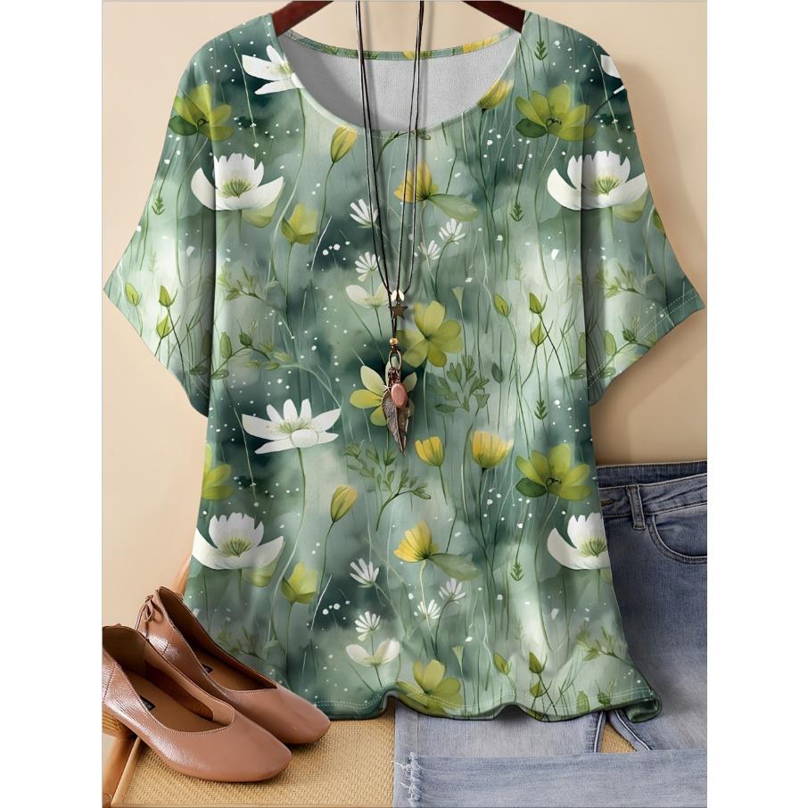 XL-7XL Plus Size Women's Casual 3D Print Loose Round Neck Short Sleeved T-shirt Top