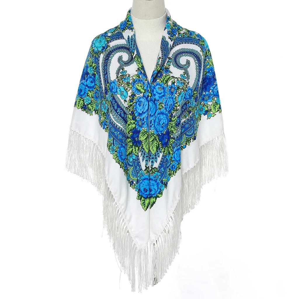 Women Luxury Floral Printed Shawl Scarf For Woman Square Babushka Handkerchief Head Wraps Cardigan  Bohemia Retro Fringed Cape