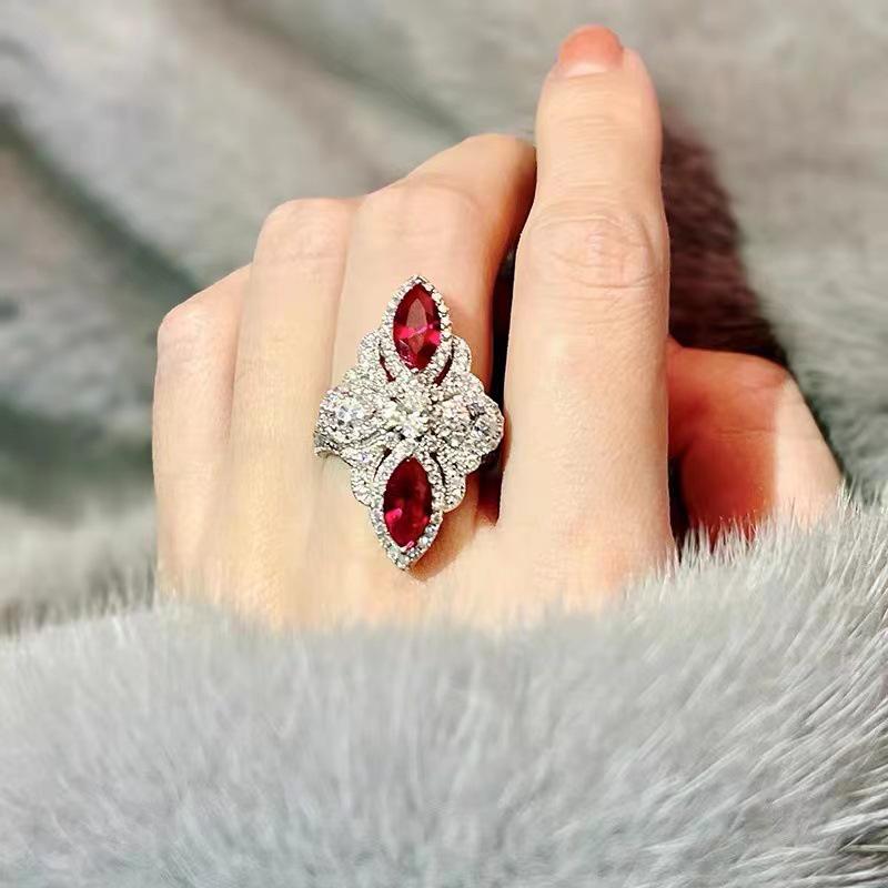 Women's High-End Ruby Gemstone Ring: Cool, Versatile Style with Full Diamond Accents