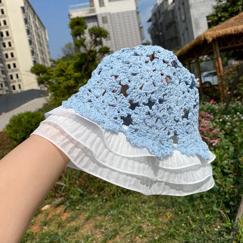 Fashion Woman Lace Knit Hollow Bucket Hats Crochet Thread   Flower Cute Girls' Sweet Romance Sunshade Knitted Breathable Hats