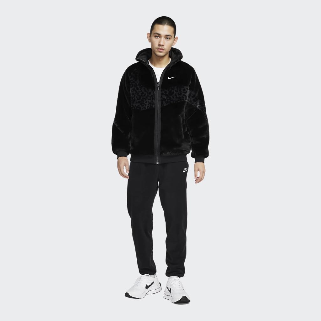 Nike Sportswear Swoosh Leopard Print Big Hook Logo Faux Fur Velour Track Jacket Men Outerwear Black DH6685-010