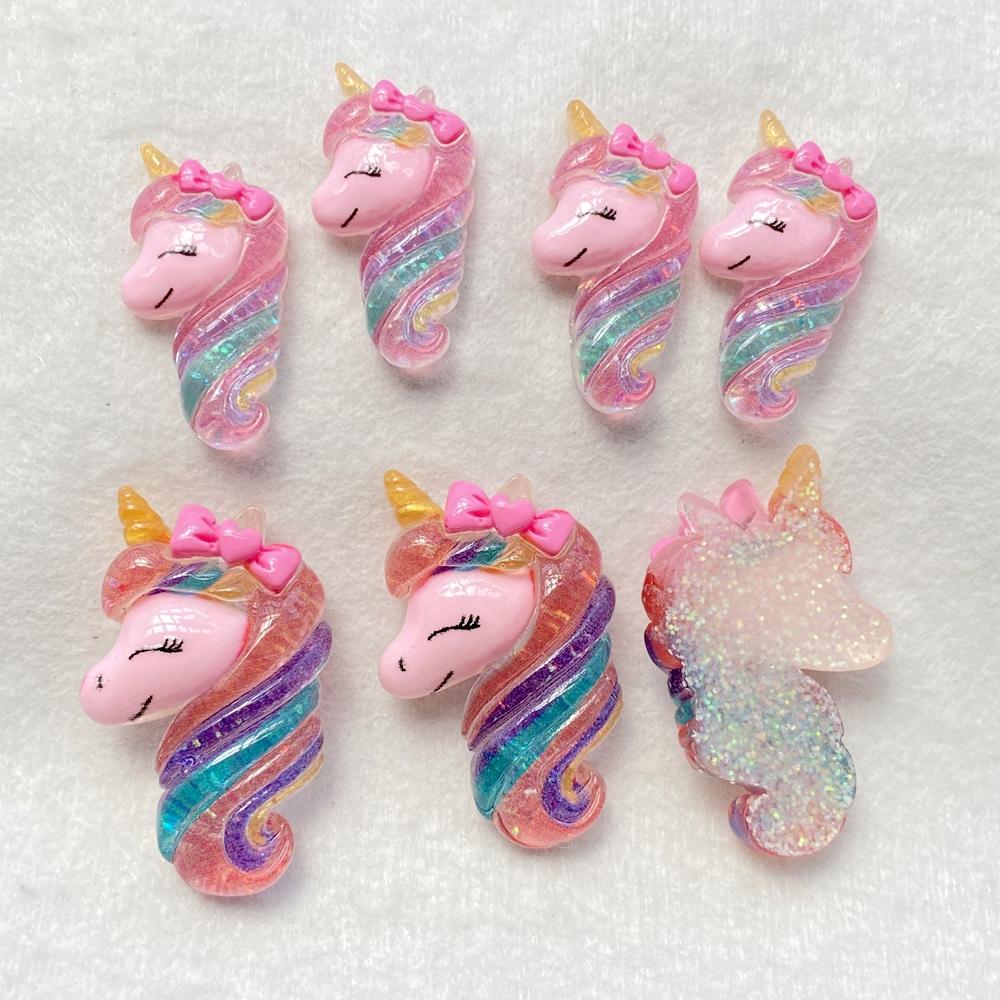 10Pcs Cute Cartoon Shiny Unicorn Flat Back Scrapbook Figurine DIY Bow Decor Accessories Crafts