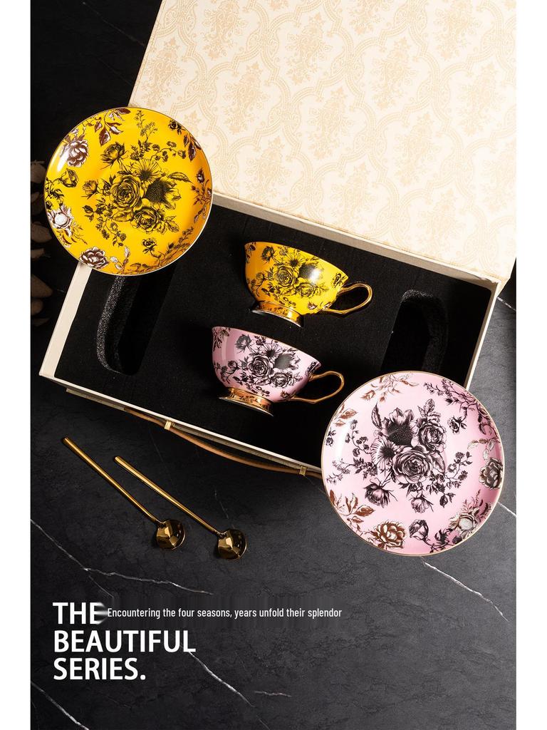 European Luxury Gold-Rim Bone China Coffee Cup - Four Seasons Ink Design