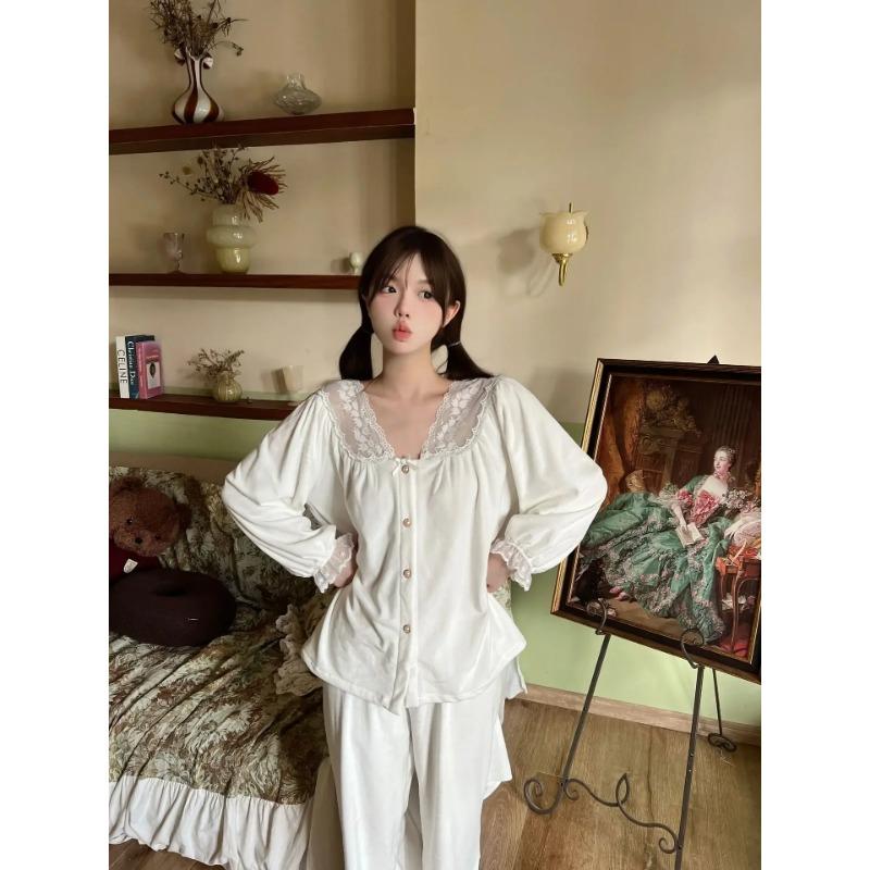 

Бархатный кружевной комплект из 2 предметов домашней одежды с V-образным вырезом для женщин, новая осенняя пижама, свободные топы и брюки, домашняя одежда XL белый