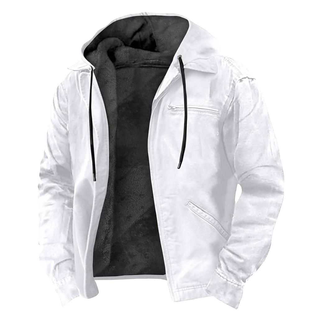 Men's Casual Zippered Pocket Hooded Jacket Men's Solid Color Fashion Warm Jacket
