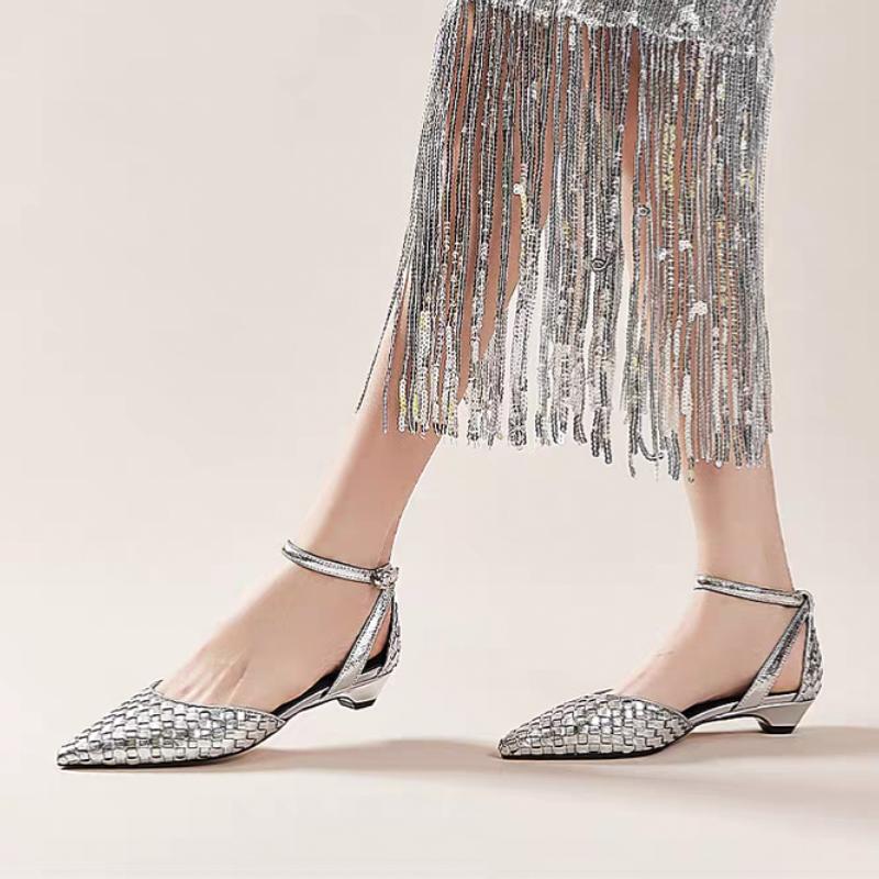 Fashion Pointed Toe Low Heels Women Elegant Sandals Shoes Woman 2025 Summer Designer New Sexy Weave Shoes Dress Brand Sandalias Muje