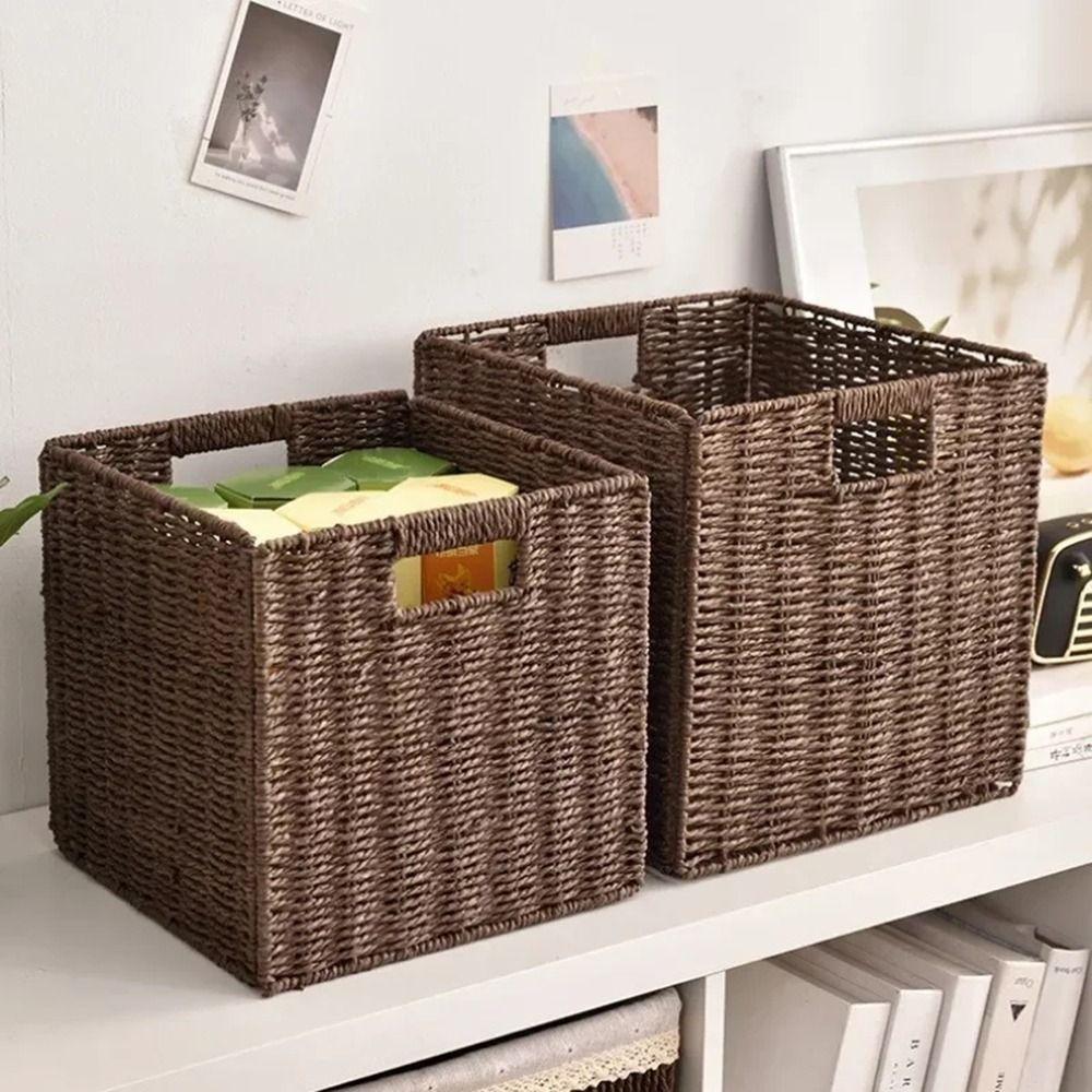Hand Woven Foldable Storage Box Square Sundries Organizer Imitation Rattan Basket  Picnic