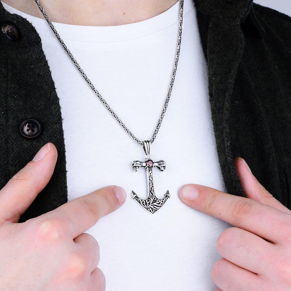 Men's 925K Silver Garnet Anchor Pendant Necklace, Byzantine Chain Necklace, Unique Turkish Jewelry,  Luxurious Stylish Men's Gift Idea