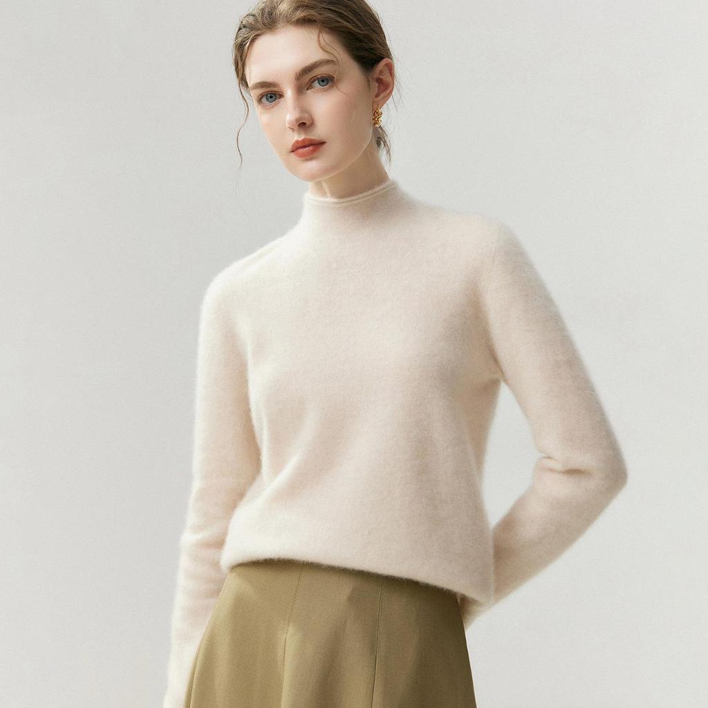 Women's 100% Cashmere Ribbed Half-Turtleneck Sweater - Autumn/Winter Base Layer, Loose & Warm