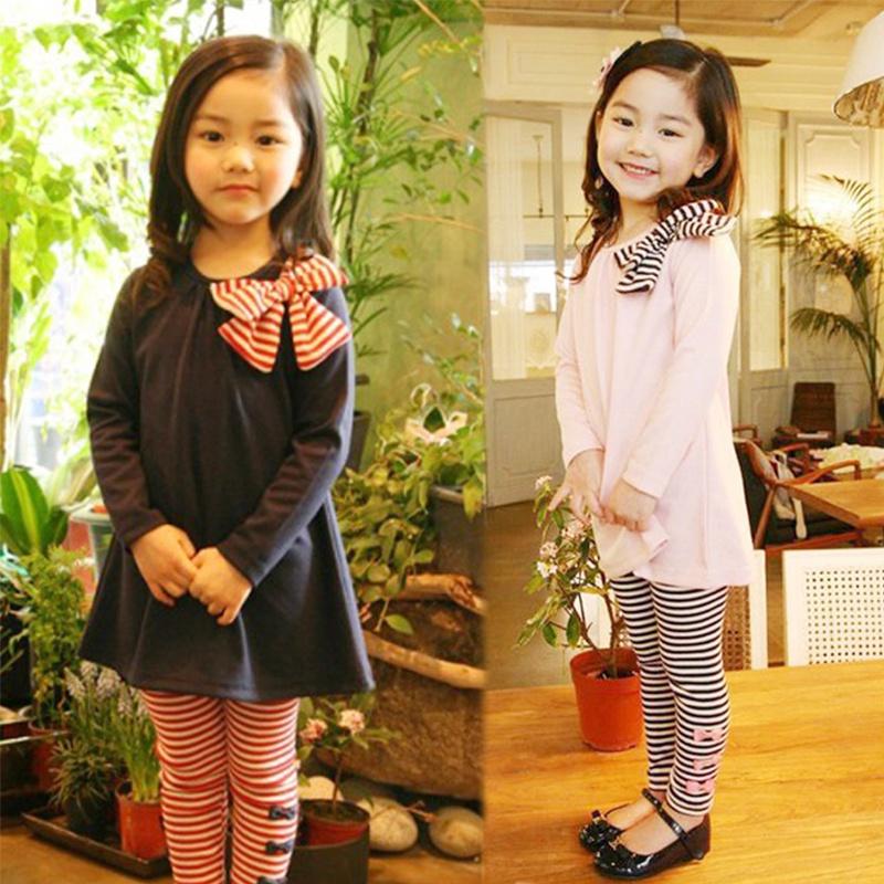 Adorable 2pcs Toddler Kids Baby Girls Outfits With Bowknot Top Striped Legging