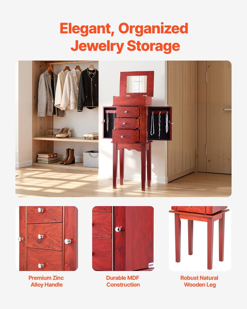 VEVOR Jewelry Cabinet Armoire, Standing Wood Jewelry Storage Chest with 3 Drawers, Flip Top Mirror, 4 Top Storage Compartments, Zinc Alloy Handles