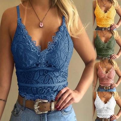 Soutien-gorge en dentelle florale pour femmes, mode, col en V profond, bretelles Spaghetti, sous-vêtements, été, Slim, Push-Up, haut court, ajouré, sans manches, gilet