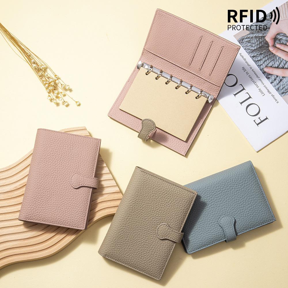 With Loose-leaf Hand Ledger Notebook Passport Holders Genuine Leather Travel Organizer 6-Ring Notebook Cowhide RFID Wallet