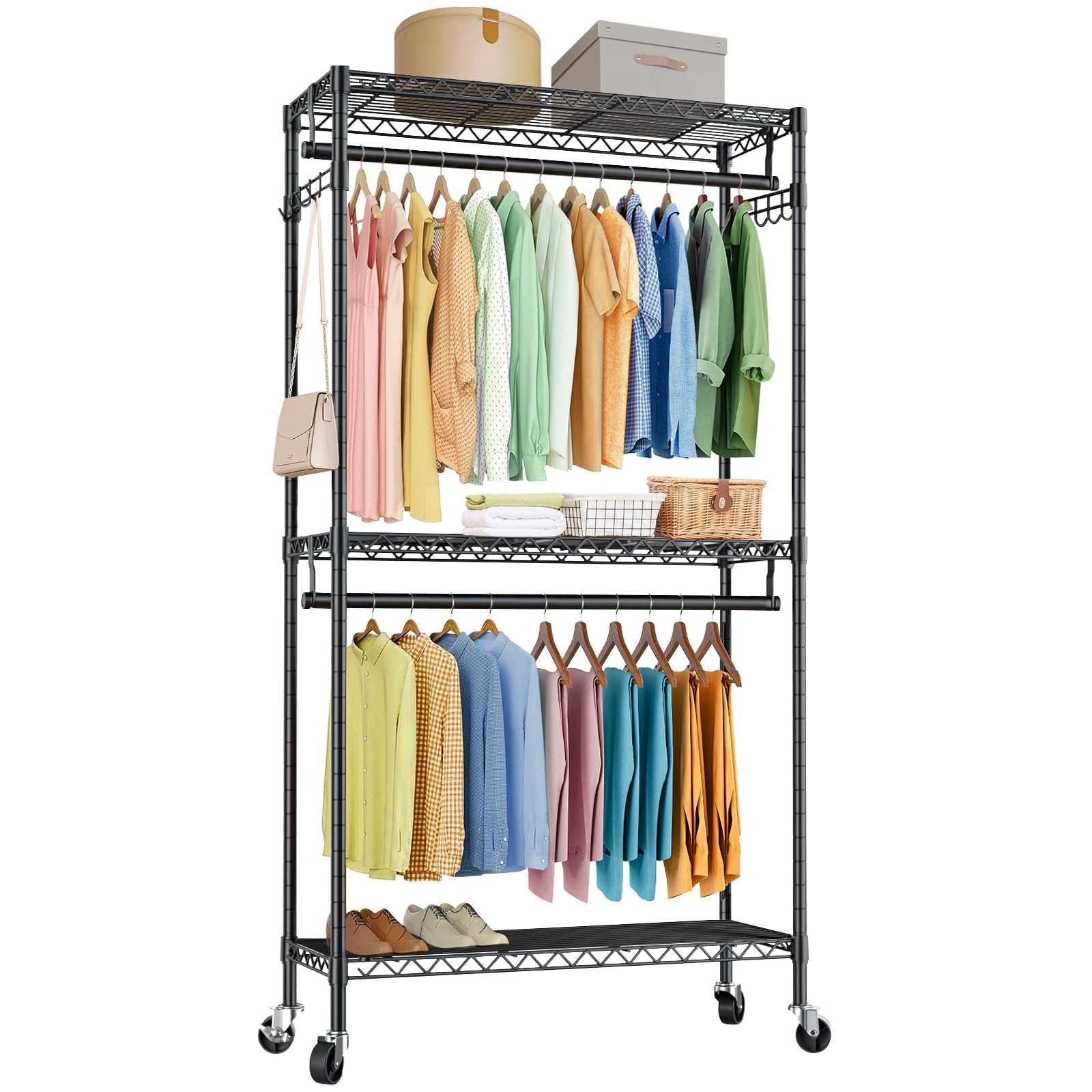 

Huaniun Стойка для одежды с большой вешалкой для одежды из стали, 81 см шириной x 41 см глубиной x 210 см высотой, сверхпрочные колеса, вместимость, полки, стойка, (с чёрный