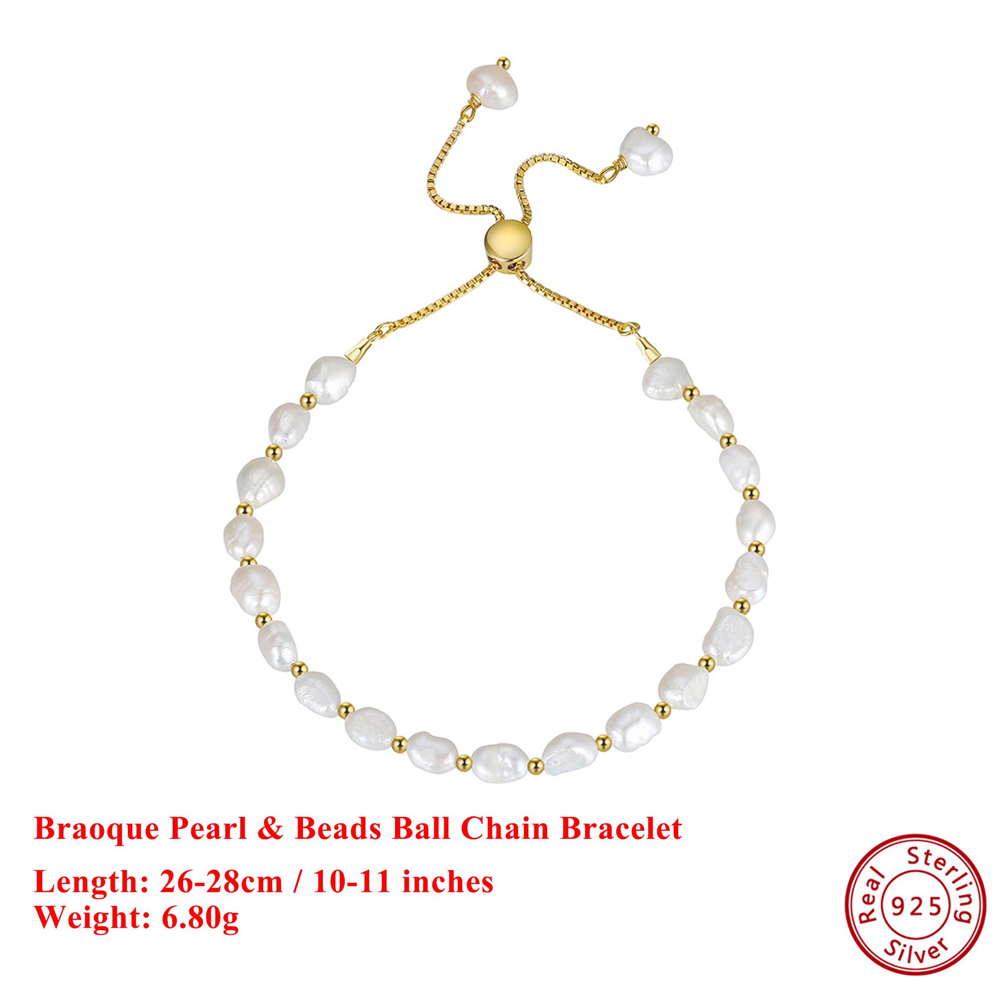 

EFFIE QUEEN 100% 925 Sterling Silver 14k Gold Baroque Pearl Beads Ball Chain Bracelet Natural Jewelry for Women Banquet GPB09