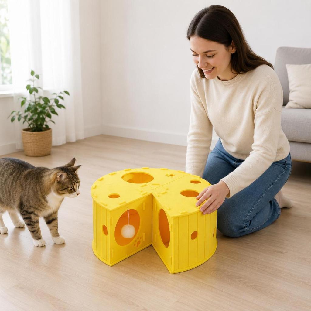 Cheese-Castle Tunnel Multiple Openings Interactive Feline Low-Height
