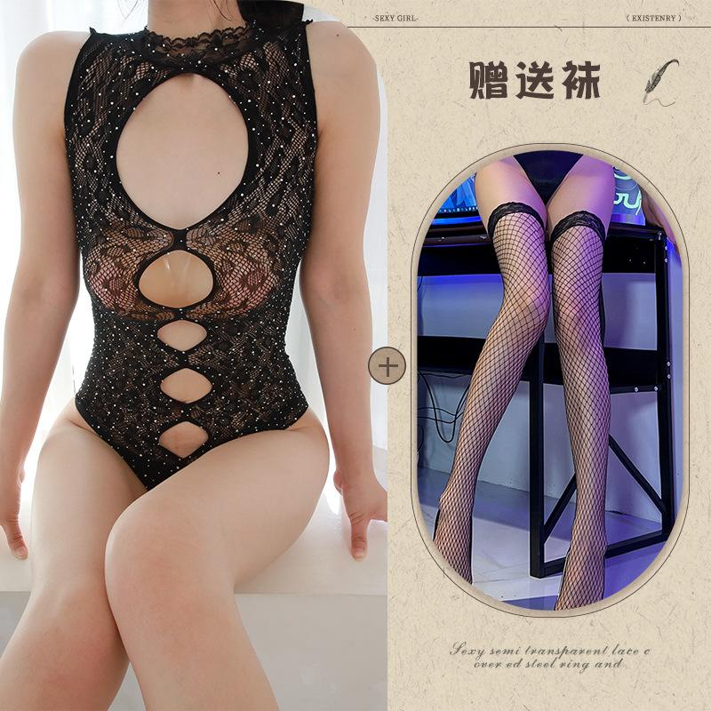 European and American sexy hollow full rhinestone bikini onesie perspective sex underwear women's bright diamond tight body