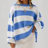 Women's Striped Neck Sweater with Long Bell Sleeves, Loose Fit Knit Pullover