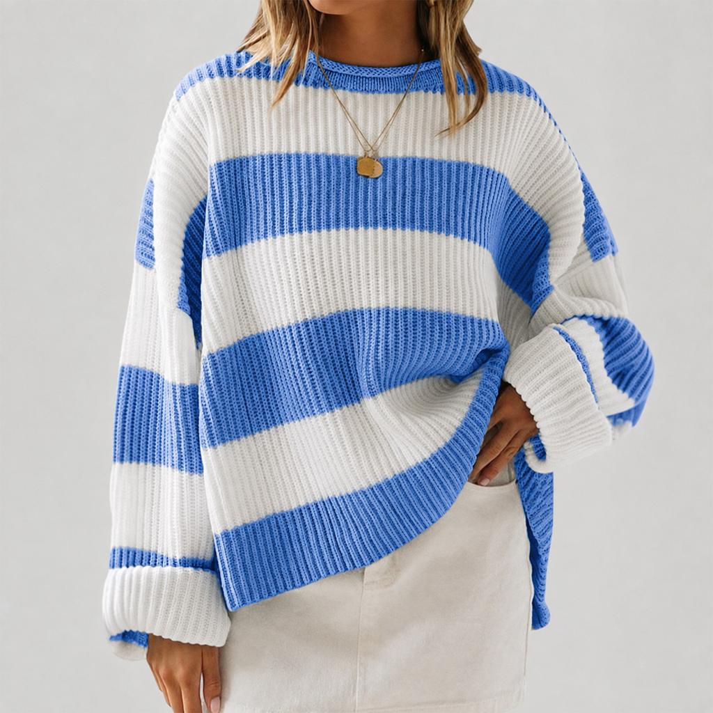 Women's Striped Neck Sweater with Long Bell Sleeves, Loose Fit Knit Pullover