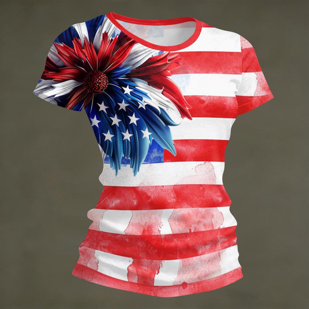 Women's Fashion Round Neck Independence Day Print Short Sleeve Loose Crewneck T-Shirt Top