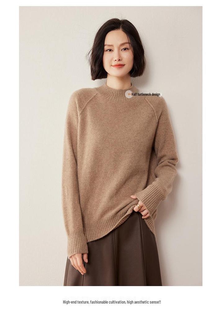 2026 Women's Cashmere Raglan Sleeve Pullover: Loose Fit, Half-High Neck, Slimming Knitwear for Autumn/Winter