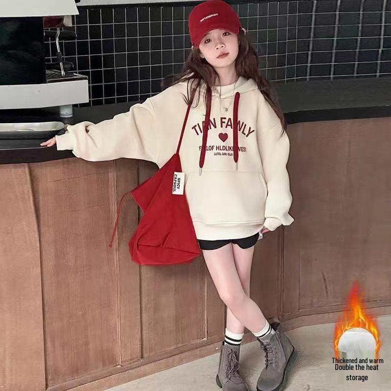 2024 Girl's Fleece-Lined Hooded Sweatshirt: Autumn/Winter Trendy Style