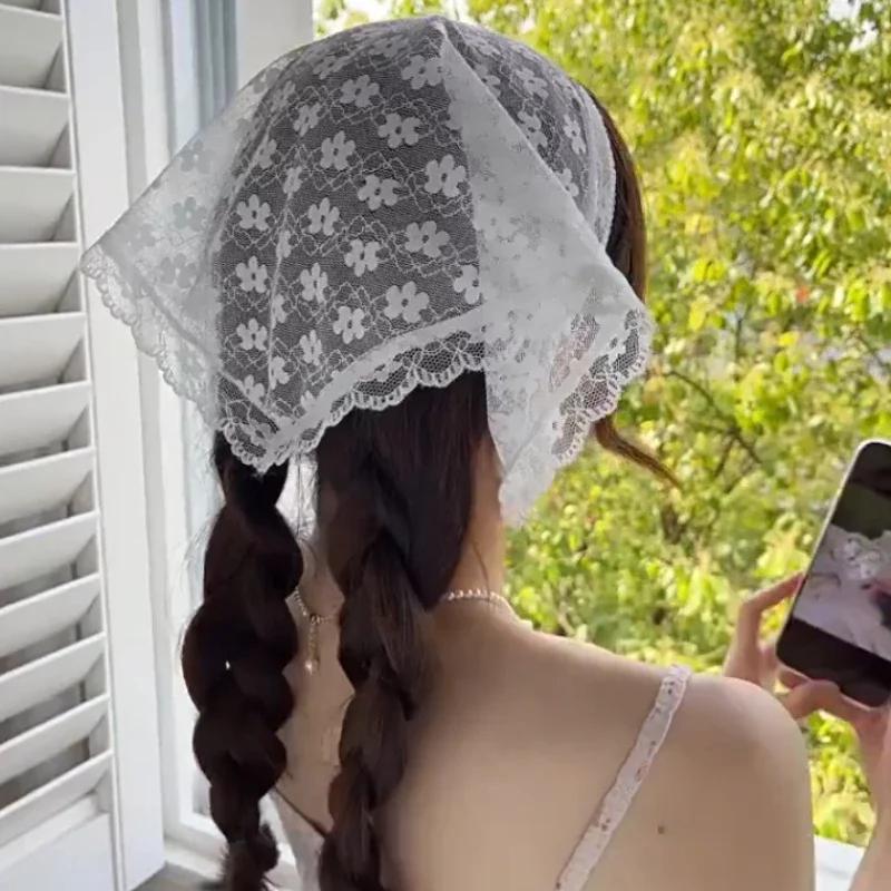 Elegant Lace Floral Hair Scarf Women Triangle Headscarf Lace Up Neck Scarf Lace Flower Sunscreen Travel Photo Pastoral Headbands