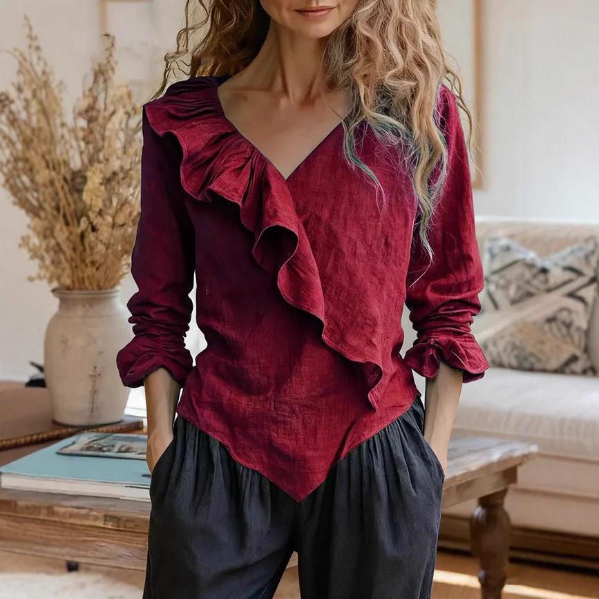 Women's Dark Green V-Neck Long Sleeve Blouse with Ruffle Trim