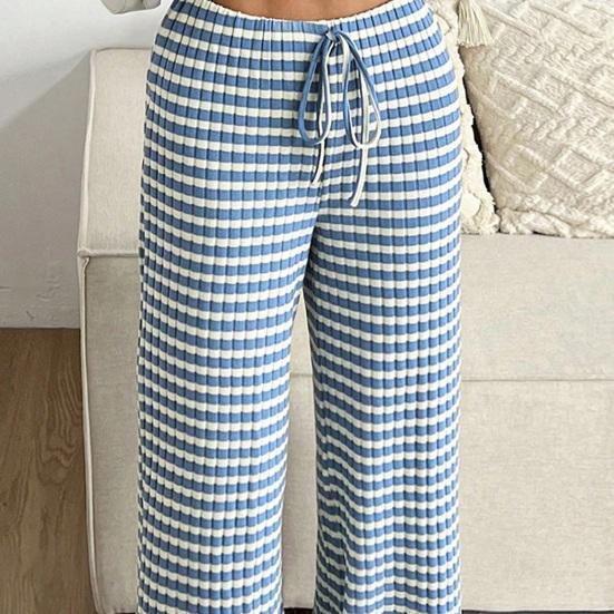 Women Pants Elastic Waist Adjustable Drawstring Striped Casual Wide Leg Trousers Design Loose Fit Daily