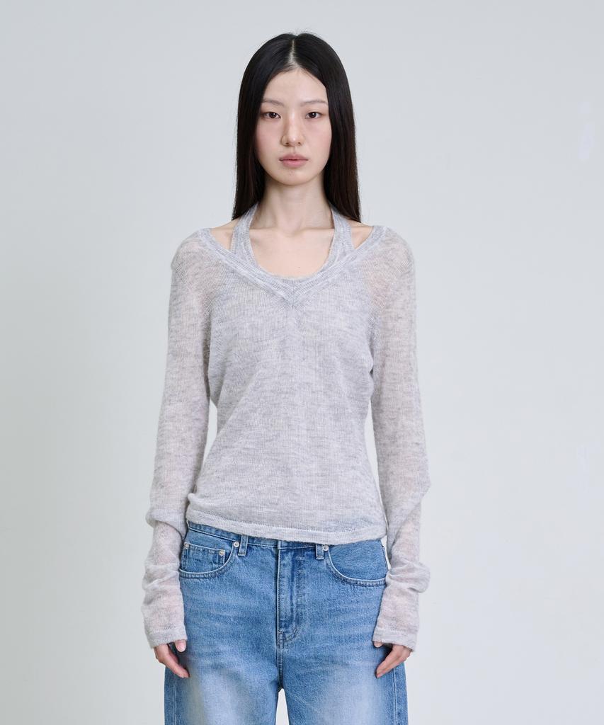 Deoaeteus Mohair Wool Sheer Layered Knit Set_Melange Gray