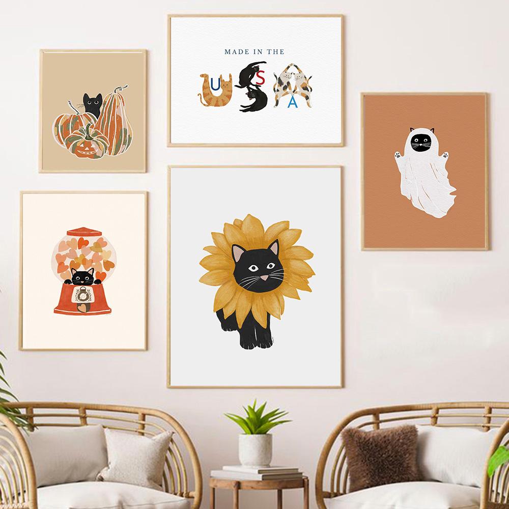 Cartoon Black Cat Ghost Pumpkin Wall Art Canvas Painting Nordic Posters And Prints Halloween Christmas Pictures Kids Room Decor