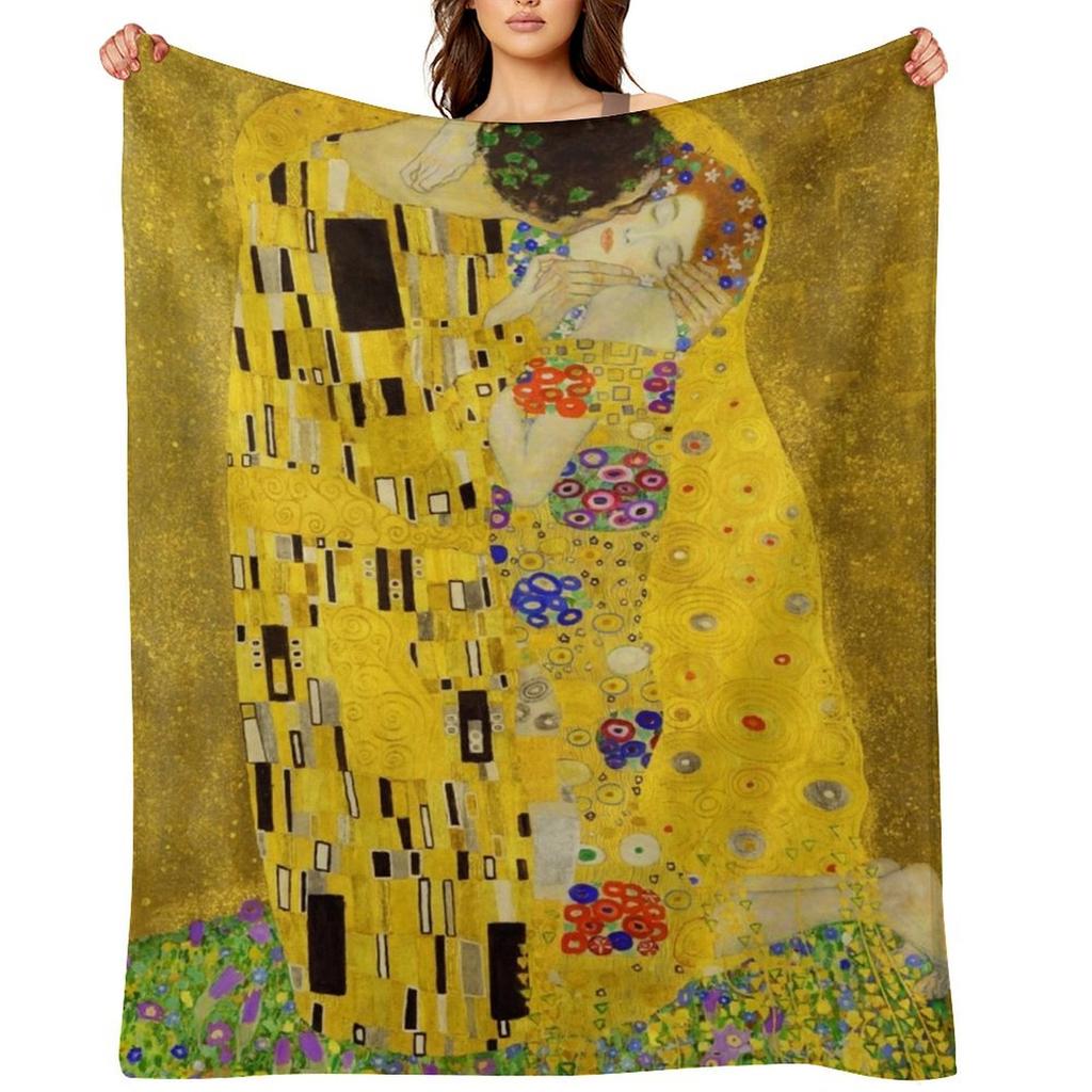 The Kiss (High Resolution), Gustav Klimt Throw Blanket Sofas Luxury Brand Designers Flannel Fabric Blankets