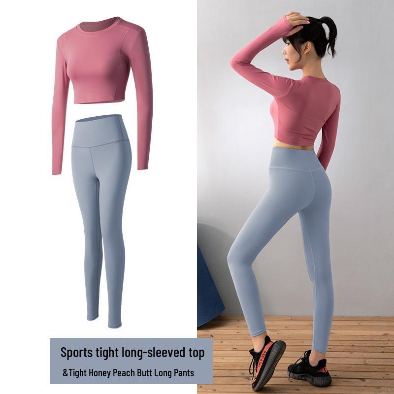 Seamless Yoga Set: Women's Long Sleeve Top & High Waist Peach Lift Pants for Gym & Running